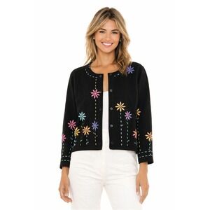 Michael Simon Lite Womens Black Floral Embroidered Cotton Button Cardigan Med
